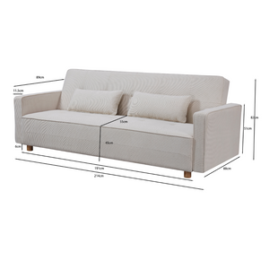 Sofá cama de 3 plazas en pana beige - dimensiones