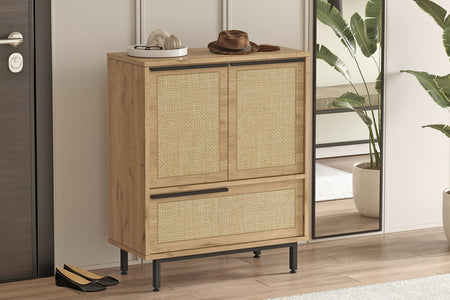 Zapatero de entrada de 3 puertas de madera y caña con ambiente ABA concept u