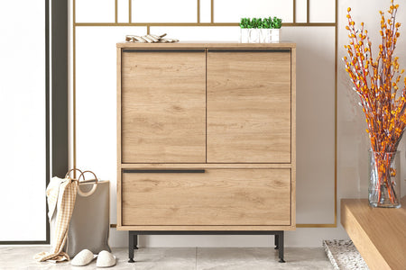 Zapatero de entrada de 3 puertas en madera de nogal con acabado abio y cara apaisada concept u