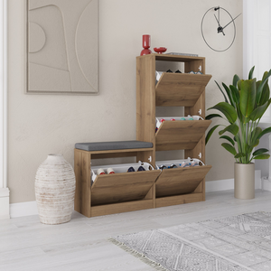 Zapatero de madera y valles negros, ambiente de tres cuartos, puertas abiertas concept u