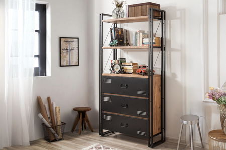 Librería rectangular industrial de madera y color negro con cajones y estantes concept u