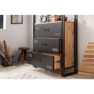 Librería con cajones y estantes, estilo industrial, madera y negro, ambiente Tali, zoom, abrir cajón concept u