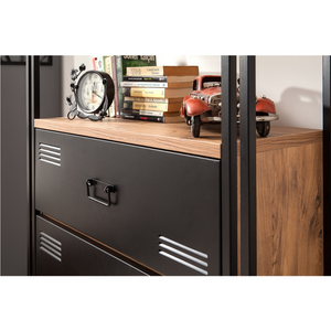 Librería con cajones y estantes, estilo industrial, madera y negro, estilo Tali, con zoom, vista superior del cajón concept u