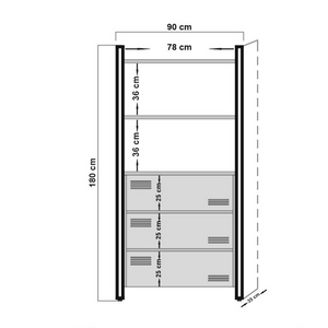 Librería industrial con cajones y estantes de madera y negro, dimensiones concept u
