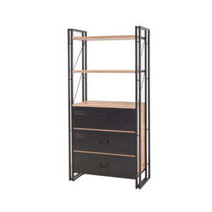 Librería Tali industrial de madera y color negro con cajones y estantes, fondo blanco concept u