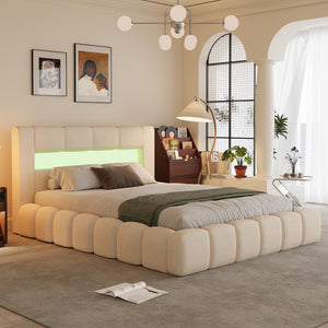 Cama nube con cofre de almacenamiento y LED 180x200 cm en terciopelo beige con cabecero y somier Omaha vista de 3/4