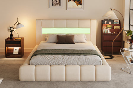 Cama nube con cofre de almacenamiento y LED 180x200 cm en terciopelo beige con cabecero y somier Omaha foto de ambiente