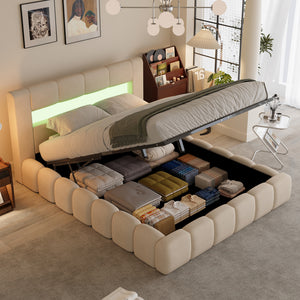 Cama nube con cofre de almacenamiento y LED 180x200 cm en terciopelo beige con cabecero y somier Omaha vista del cofre