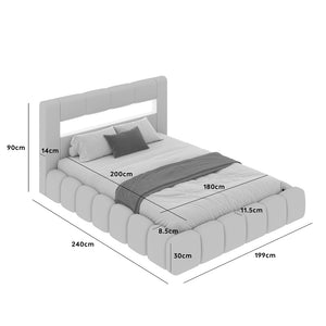 Cama nube con cofre de almacenamiento y LED 180x200 cm en terciopelo gris con cabecero y somier Omaha dimensiones