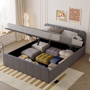 Cama con arcón de almacenamiento 160x200cm en terciopelo gris Tampa vista del arcón