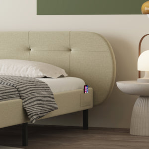Cama capitonada 140x190 cm beige con cabecero y somier Tulsa zoom en cabecero y bolsillo para teléfono
