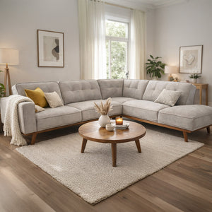 Sofá esquinero de diseño en tela gris de 5/6 plazas con chaise longue esquina derecha YORK