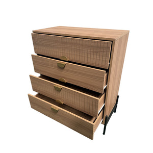 Cómoda 4 cajones con decoración de madera estriada y tiradores dorados 84 cm Vallo packshot abierta