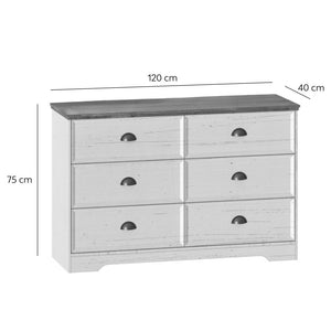 Cómoda 6 cajones blanca y madera 120 cm Valla dimensiones