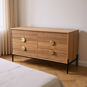 Cómoda de 6 cajones con decoración de madera acanalada y tiradores dorados 124 cm Vallo vista 3/4