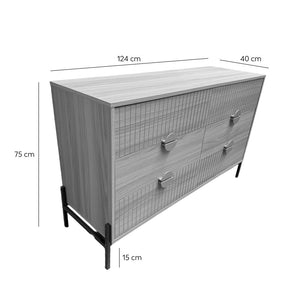 Cómoda de 6 cajones con decoración de madera acanalada y tiradores dorados 124 cm Vallo dimensiones
