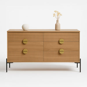 Cómoda de 6 cajones con decoración de madera acanalada y tiradores dorados 124 cm Vallo packshot frontal