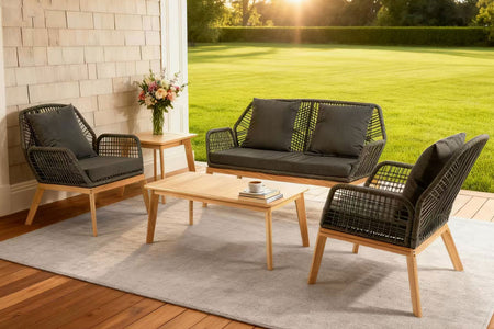 Conjunto de jardín de 4 plazas en madera con 2 mesas Rosario gris y madera – ambiente