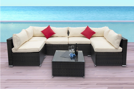 Conjunto de jardin de resina tejida 6 plazas Bastia Marrón y beige