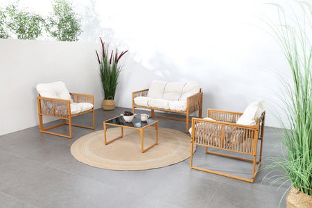 Conjunto de jardín 4 plazas efecto ratán ratán natural y blanco Turini — foto de ambiente