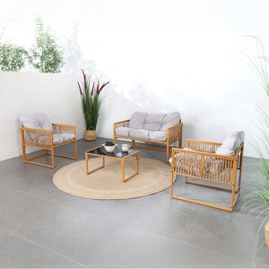 Conjunto de jardín 4 plazas efecto ratán ratán natural  y gris claro Turini — vista 3/4 conjunto completo