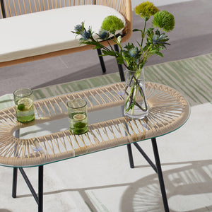 Conjunto de muebles de jardín de 4 plazas de ratán natural con cojines beige Mesa zoom Ravello con tapa de cristal templado