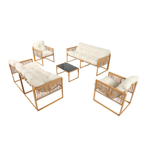Conjunto de jardín 8 plazas efecto ratán ratán natural y blanco Turini — packshot conjunto completo