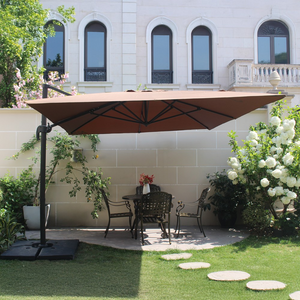 Conjunto parasol CESARE chocolate 3x4 m y 4 losas de lastre foto de ambiente