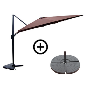 Conjunto parasol CESARE chocolate 3x4 m y 4 losas de lastre presentación del lote