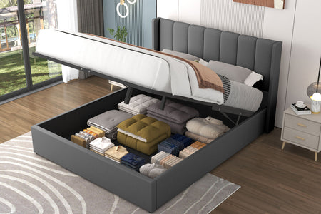 Cama de diseño con arcón de almacenamiento 140x190 cm en terciopelo gris ARLINGTON