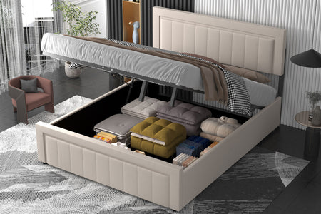 Cama contemporánea con canapé de almacenamiento 140x190 cm en terciopelo beige NASHVILLE