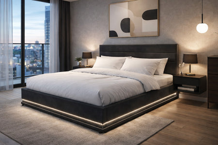 Cama con caja LED en terciopelo gris New York 140 cm