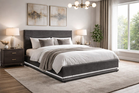 Cama con caja LED en terciopelo gris New York 160 cm