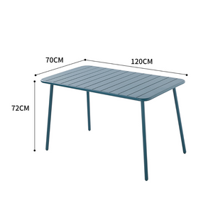 Muebles de jardín para comedor de 4 a 6 personas en acero azul Bérgame, dimensiones de la mesa