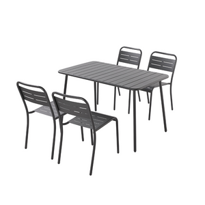Mobiliario de jardín para comedor de 4 a 6 personas en acero Bergame gris oscuro, fondo blanco, 4 sillas