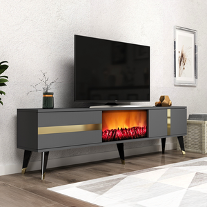 Mueble de TV con patas y chimenea LED 150 cm gris antracita y detalles dorados Suny vista 3/4