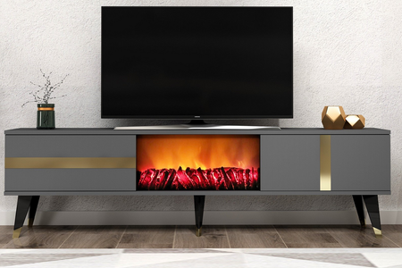 Mueble de TV con patas y chimenea LED 150 cm gris antracita y detalles dorados Suny vista frontal
