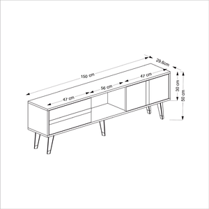 Mueble de TV con patas y chimenea LED 150 cm gris antracita y detalles dorados Suny dimensiones