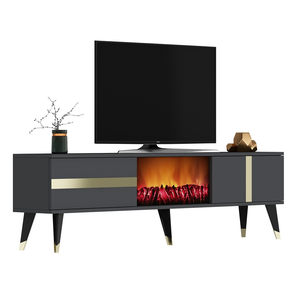 Mueble de TV con patas y chimenea LED 150 cm gris antracita y detalles dorados Suny packshot vista 3/4