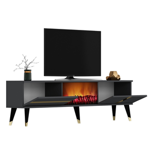 Mueble de TV con patas y chimenea LED 150 cm gris antracita y detalles dorados Suny packshot con armarios abiertos
