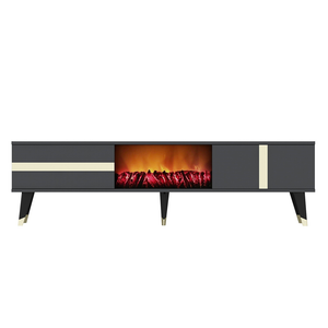 Mueble de TV con patas y chimenea LED 150 cm gris antracita y detalles dorados Suny packshot sin televisor