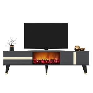Mueble de TV con patas y chimenea LED 150 cm gris antracita y detalles dorados Suny packshot vista frontal