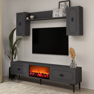 Conjunto de mueble de TV con estanterías de pared y chimenea LED 150 cm gris antracita vista 3/4