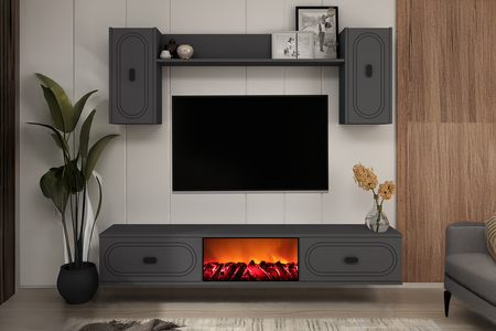 Conjunto de mueble de TV con estanterías de pared y chimenea LED 150 cm gris antracita vista frontal