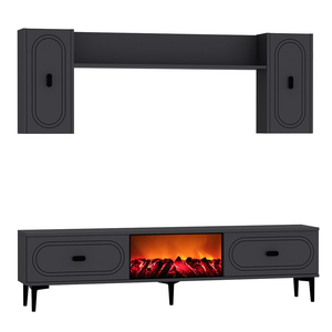 Conjunto de mueble de TV con estanterías de pared y chimenea LED 150 cm gris antracita Vibra packshot vista 3/4