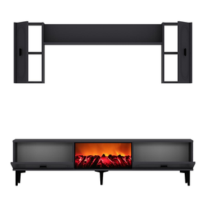 Conjunto de mueble de TV con estanterías de pared y chimenea LED 150 cm gris antracita Vibra packshot abierto