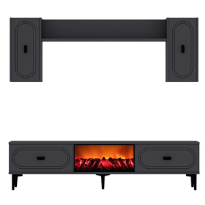 Conjunto de mueble de TV con estanterías de pared y chimenea LED 150 cm gris antracita packshot frontal