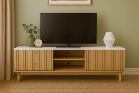 Mueble de TV efecto madera y blanco con cajones y armario 150 cm Trix foto de ambiente