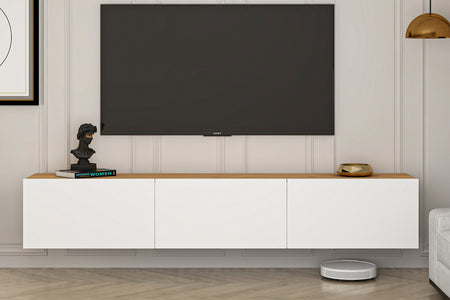 Mueble TV suspendido con compartimentos 150 cm blanco y madera Hal foto de ambiente