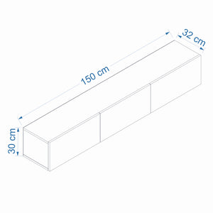 Dimensiones del mueble TV suspendido con compartimentos 150 cm blanco y madera Hal